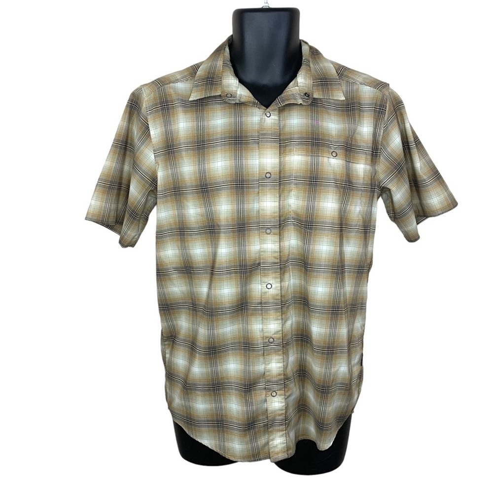 Swiss Tech Mens Small Beige Brown Plaid Short Sleeve Snap Button Western
